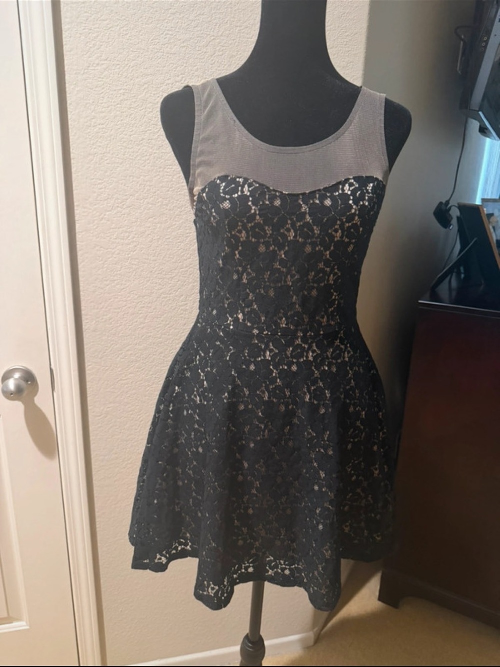 Black Lace Fit-and-Flare Mini Dress with Gray Mesh Yoke